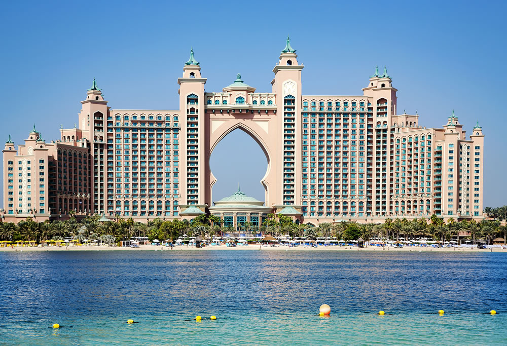 View to famous world class Atlantis Palm luxury 5 stars hotel located on artificial island on the shores of the Arabian Gulf in Dubai