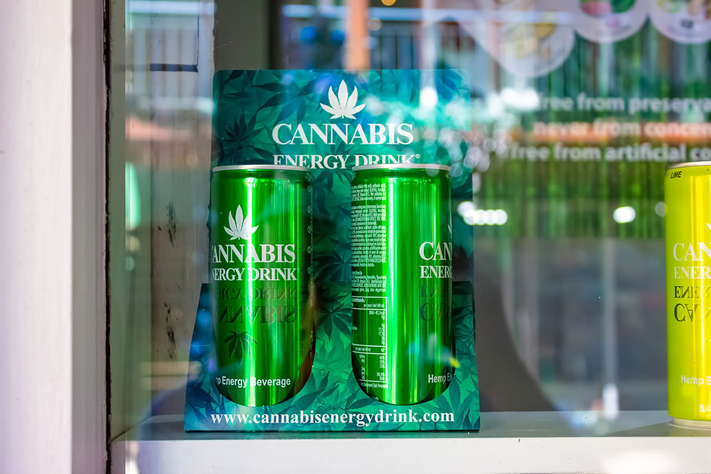 Cannabis Energy Drink on store shelf at Willemstad, Curacao, Netherlands