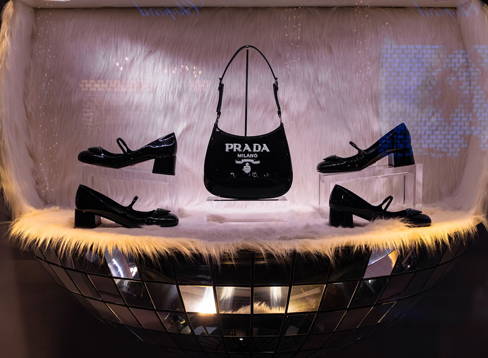 Display window of Retail store of Prada luxury shoes and accessories