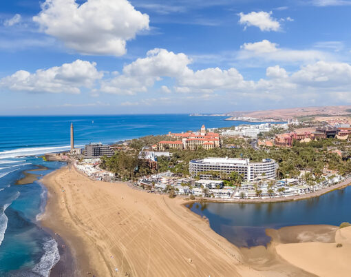 Aerial photos of Maspalomas beach, Lighthouse and town in Gran Canary, Spain