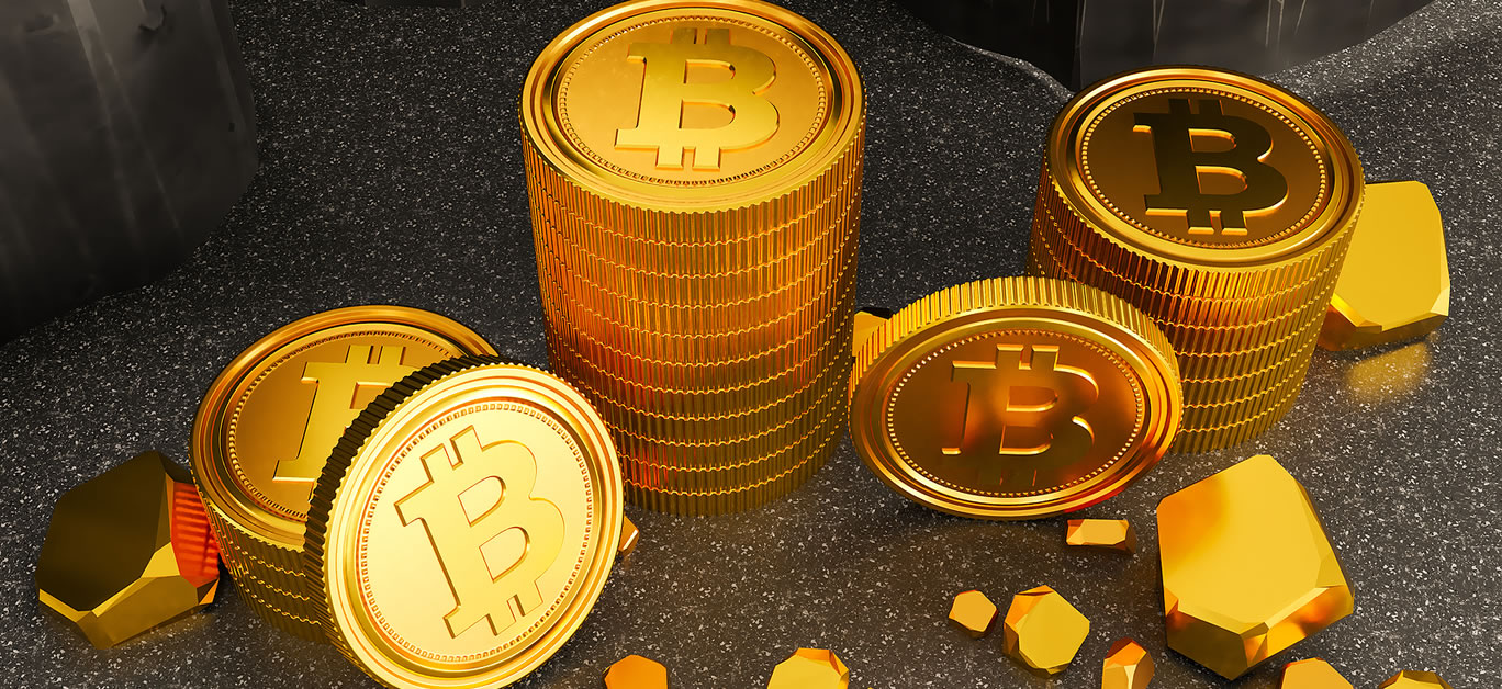 Bitcoin coin and mound of gold nuggets bitcoin cryptocurrency