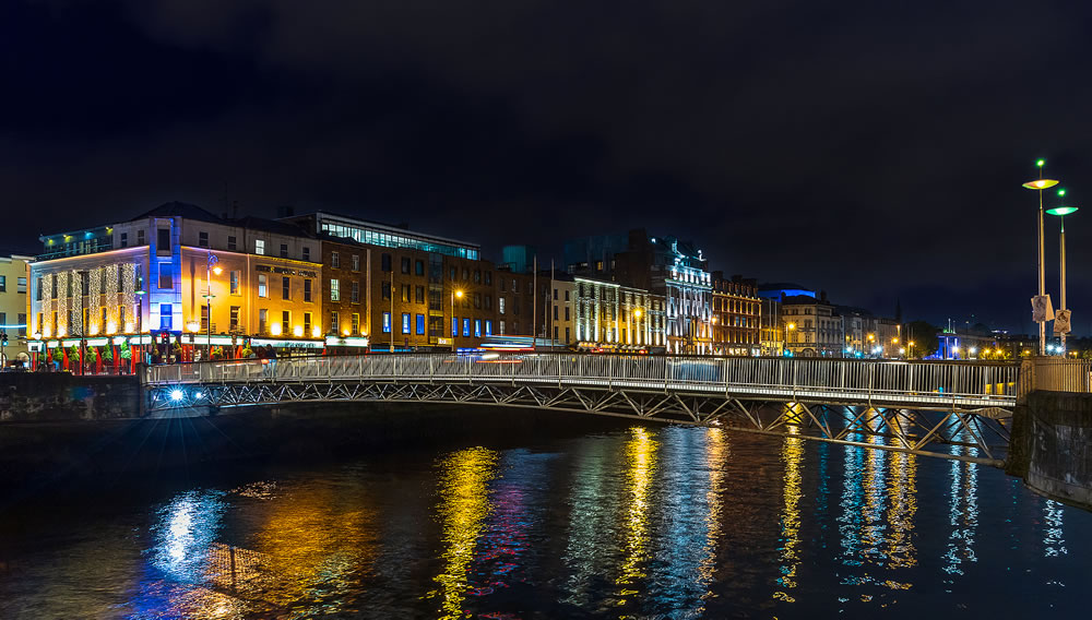 The Riverfront in the center of Dublin at night, Ireland