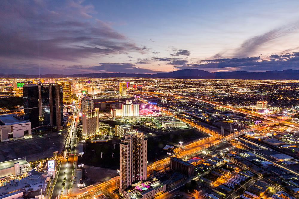View of Las Vegas and the Las Vegas Strip from above on sunset