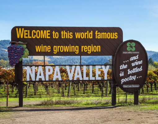 view of the napa valley welcome sign with color changing grape vines in the background in autumn