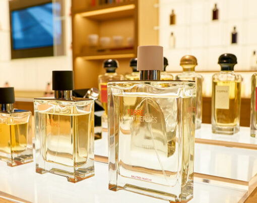 bottles of Hermes fragrance sit on display at a second flagship store of Rinascente in Rome.