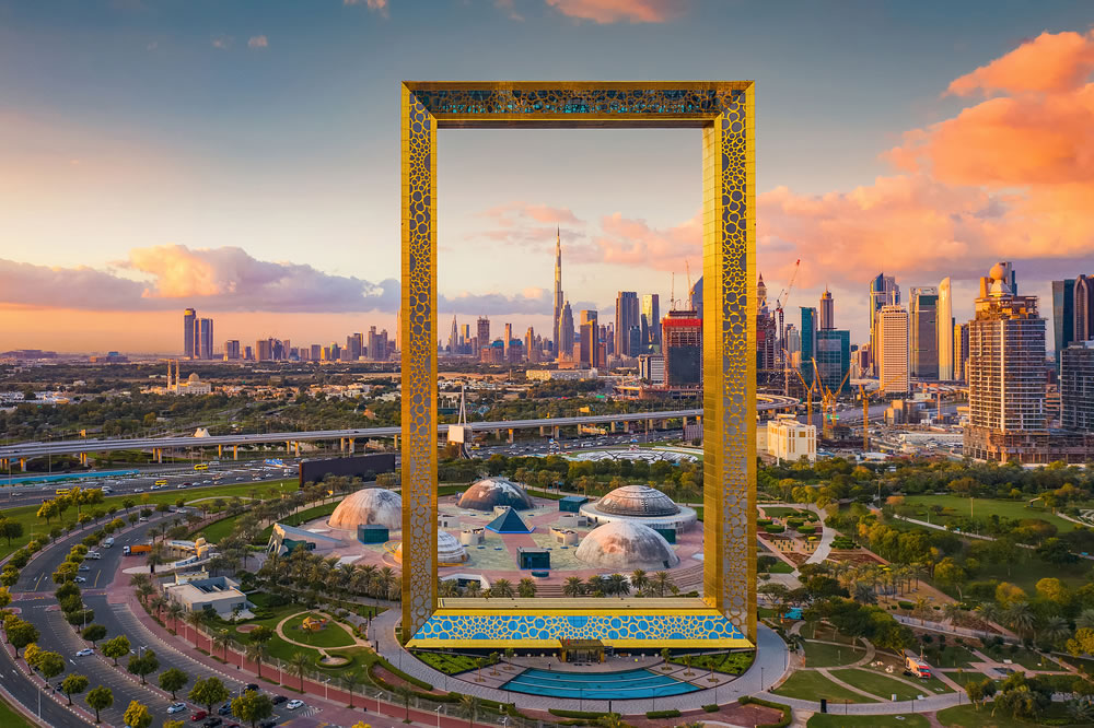 Aerial view of Dubai Frame, Downtown skyline, United Arab Emirates or UAE
