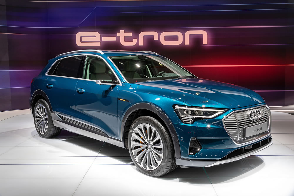Audi e-tron electric SUV car showcased at the 97th Brussels Motor Show 2019 Autosalon.