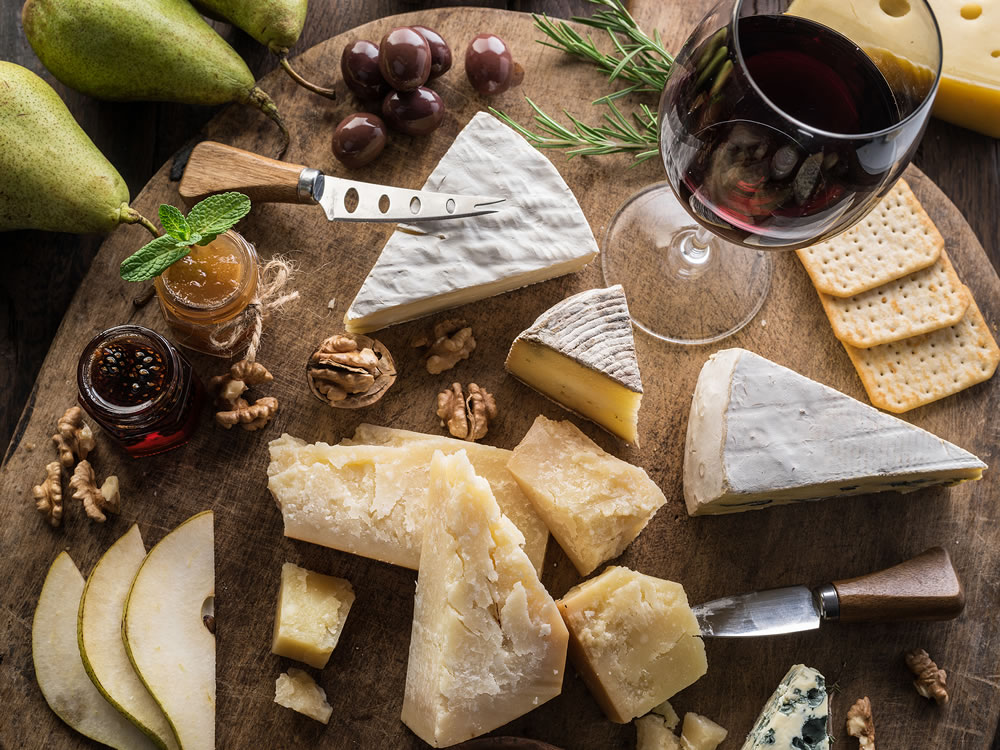 cheese selection and red wine
