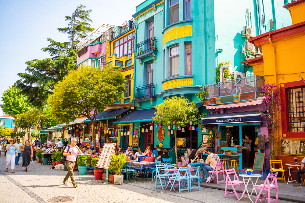 Street with colorful houses and multicolor cafe in Istanbul, Sultanahmet. This is the most popular tourist place in Istanbul