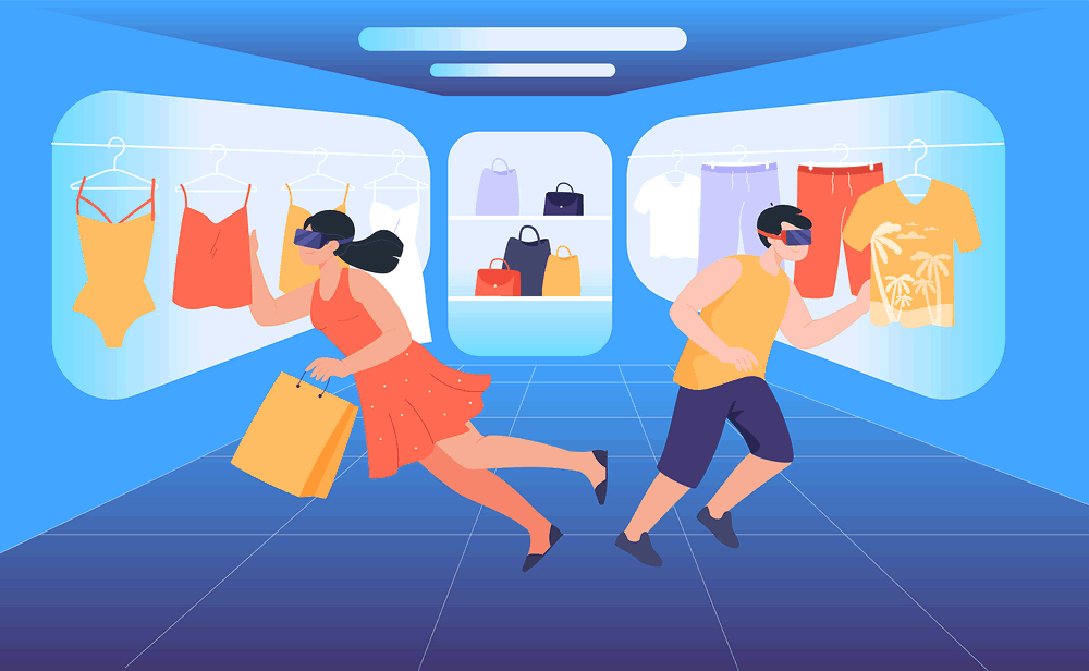 Man and woman in VR glasses buying clothes