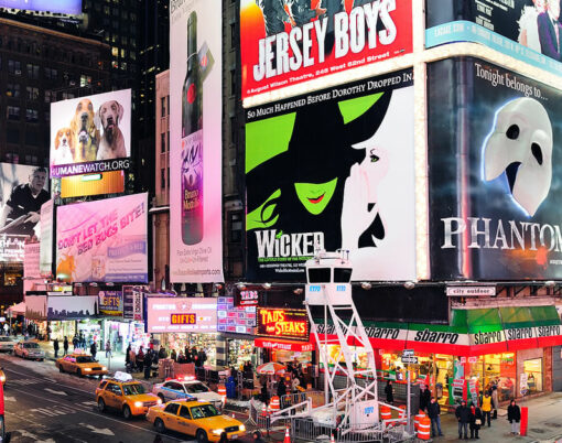 Times Square is featured with Broadway Theaters and LED signs as a symbol of New York City and the United States