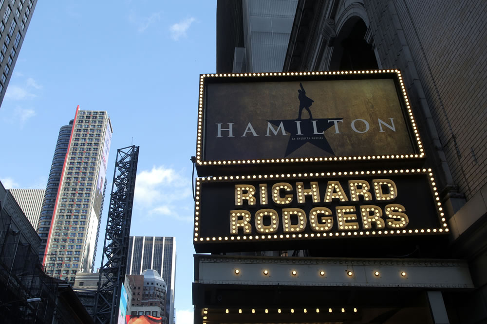 The marquee for the Broadway musical Hamilton, at the Richard Rodgers Theater