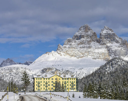 panoramic view of the frozen Misurina lake, in the Dolomites mountains, Italy, in winter