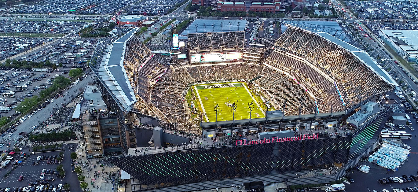 Lincoln Financial Field, home of the NFL Eagles, located in the South Philly sports complex.