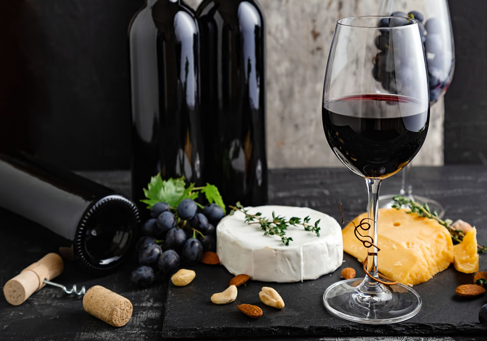 red wine and cheese selection