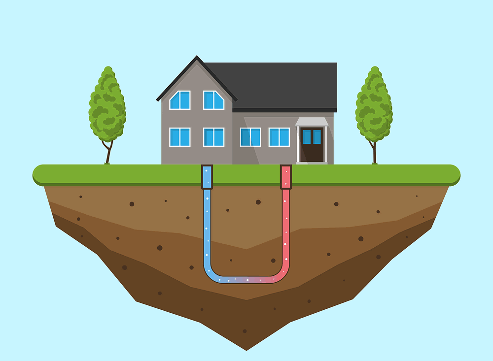 Geothermal green energy concept. Eco friendly house with geothermal heating and energy generation. Vector illustration.