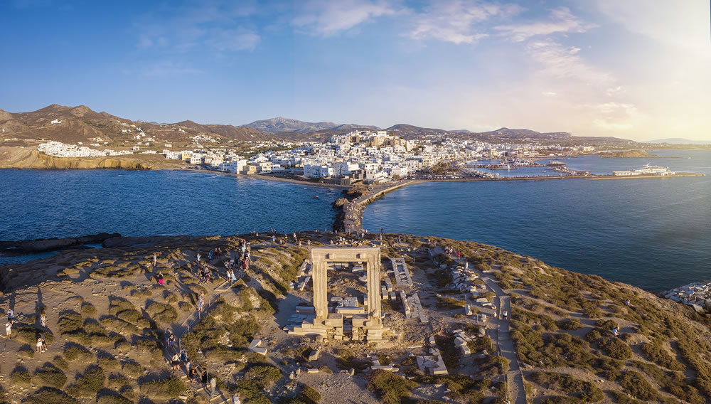 Aerial view of the famous Portara Gate at Naxos island, Cyclades,