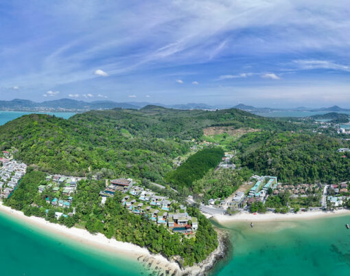 Amazing Panorama view seashore, Aerial view of Tropical sea in the beautiful Phuket island Thailand, Travel and business tour website background concept