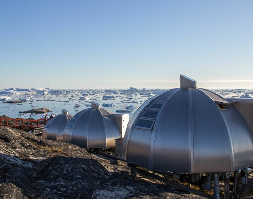 The igloos at Hotel Arctic with view over the Icefjord.