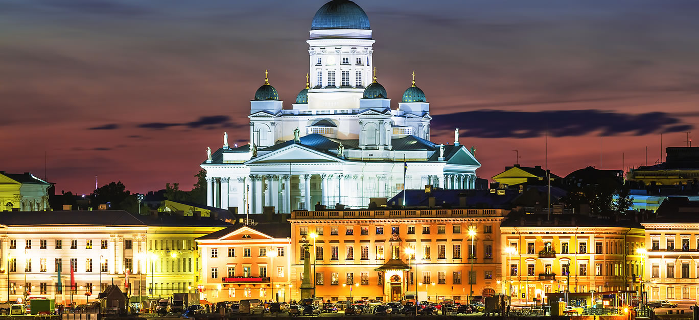 Scenic night view of the Old Town architecture and pier with Market Square and Lutheran Christian Cathedral Church at the Senate Square in Helsinki, Finland