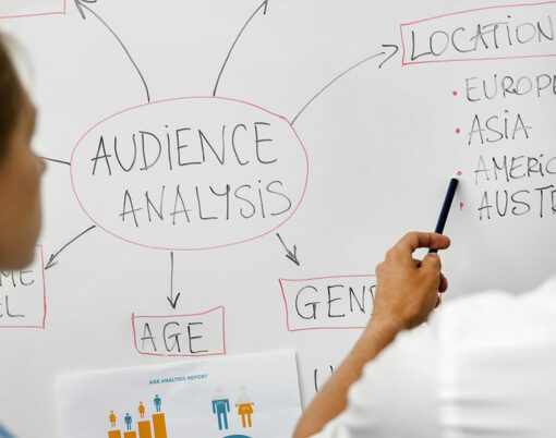 target audience analysis, market segmentation - marketing people analyzing business customer data on whiteboard