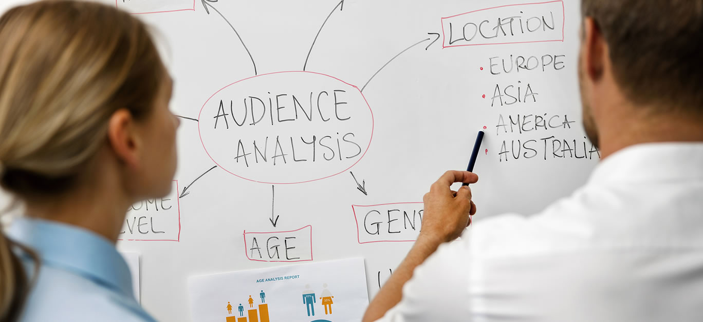 target audience analysis, market segmentation - marketing people analyzing business customer data on whiteboard
