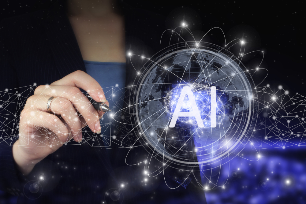 Artificial intelligence AI . Hand holding digital graphic pen and drawing digital hologram Artificial intelligence sign on city dark blurred background. Global database and artificial intelligence