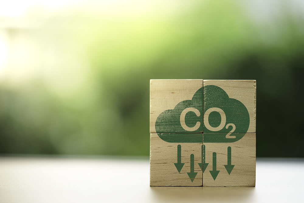 CO2 reducing icon assemble on wooden cube block for decrease CO2