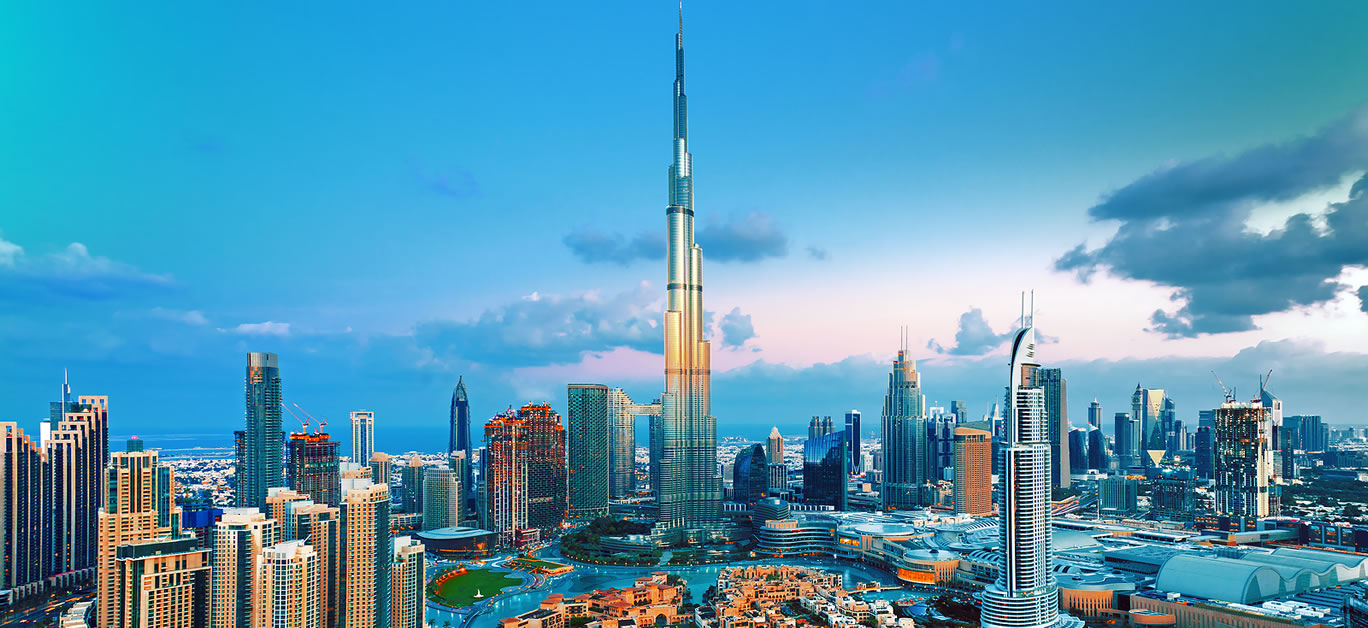 Dubai - amazing skyline of city center at sunset, United Arab Emirates
