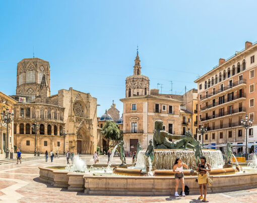 View at the Fountain of Turia ,Cathedral and Basilica of Our Lady at Virgin square of Valencia