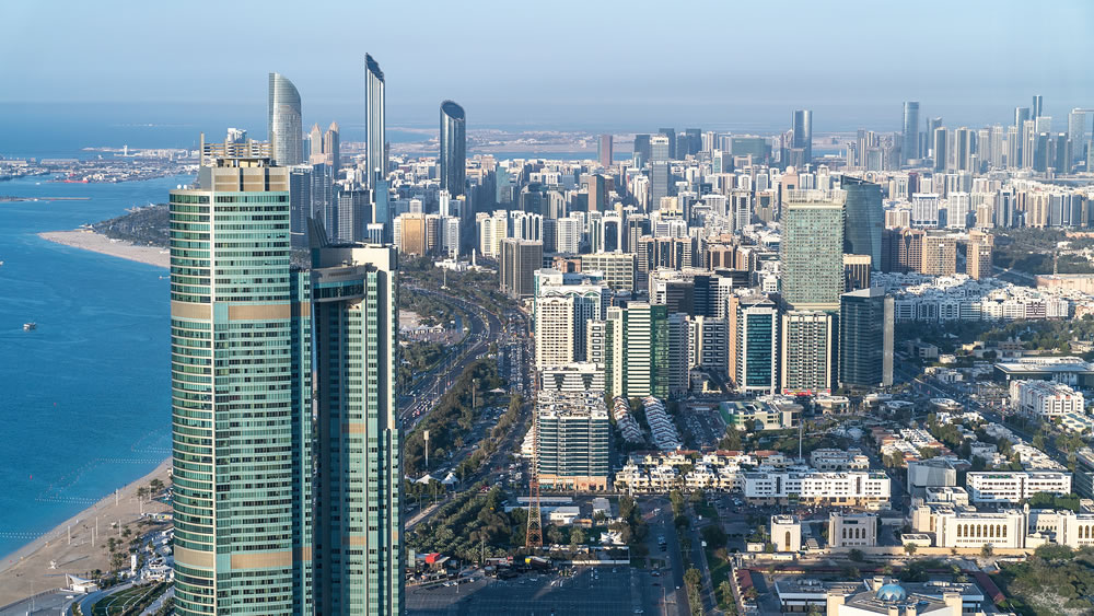 Panoramic Abu Dhabi city skyline in United Arab Emirates
