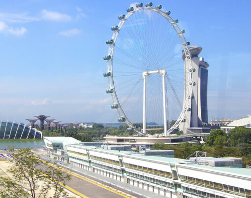 Aerial view of Singapore Flyer and pit lane of the Formula One Racing track at Marina Bay district.
