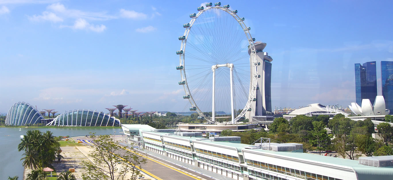 Aerial view of Singapore Flyer and pit lane of the Formula One Racing track at Marina Bay district.