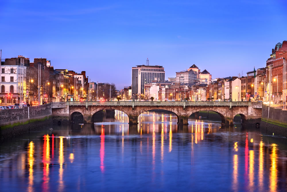 Dublin city on banks of river Liffey Ireland.