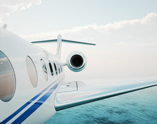 Closeup of realistic photo white, luxury generic design private jet flying over the ocean