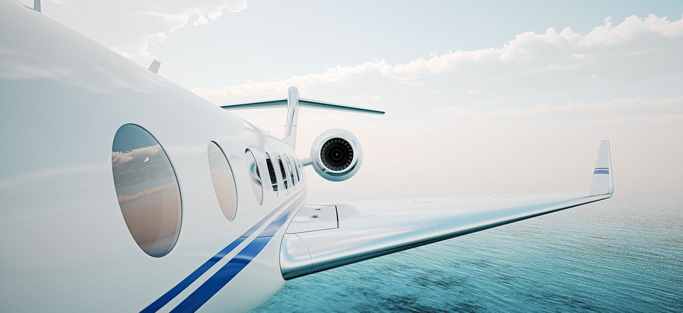 Closeup of realistic photo white, luxury generic design private jet flying over the ocean