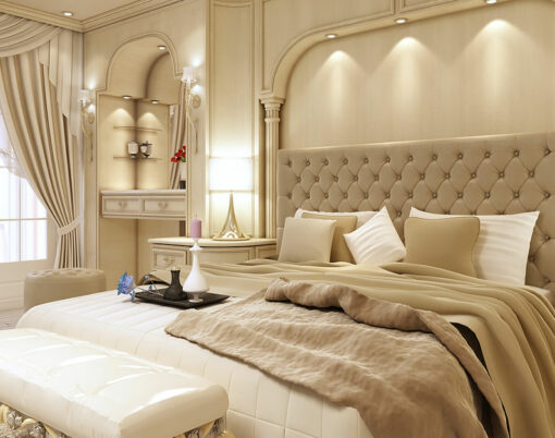 Luxury bed in a large neoclassical bedroom with decorative niche in the wall. Dressing table and stool. 3D render.