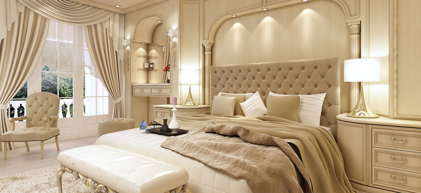 Luxury bed in a large neoclassical bedroom with decorative niche in the wall. Dressing table and stool. 3D render.