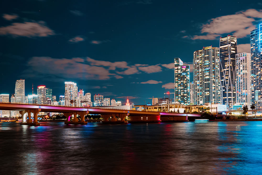Miami night. Florida. Cityscape. City downtown skyscrapers. USA.