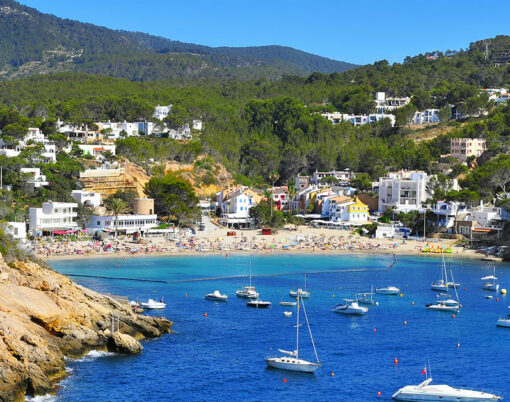 a view of Cala Vedella beach in Sant Josep de Sa Talaia, in Ibiza Island, Balearic Islands, Spain