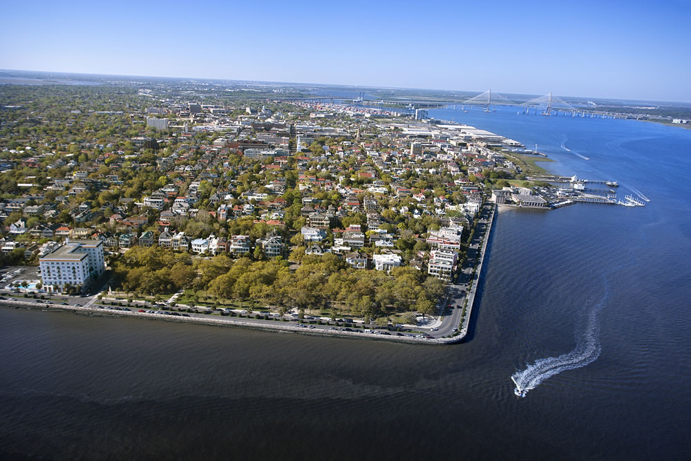 Aerial view of harbor and buildings in Charleston South Carolina.
