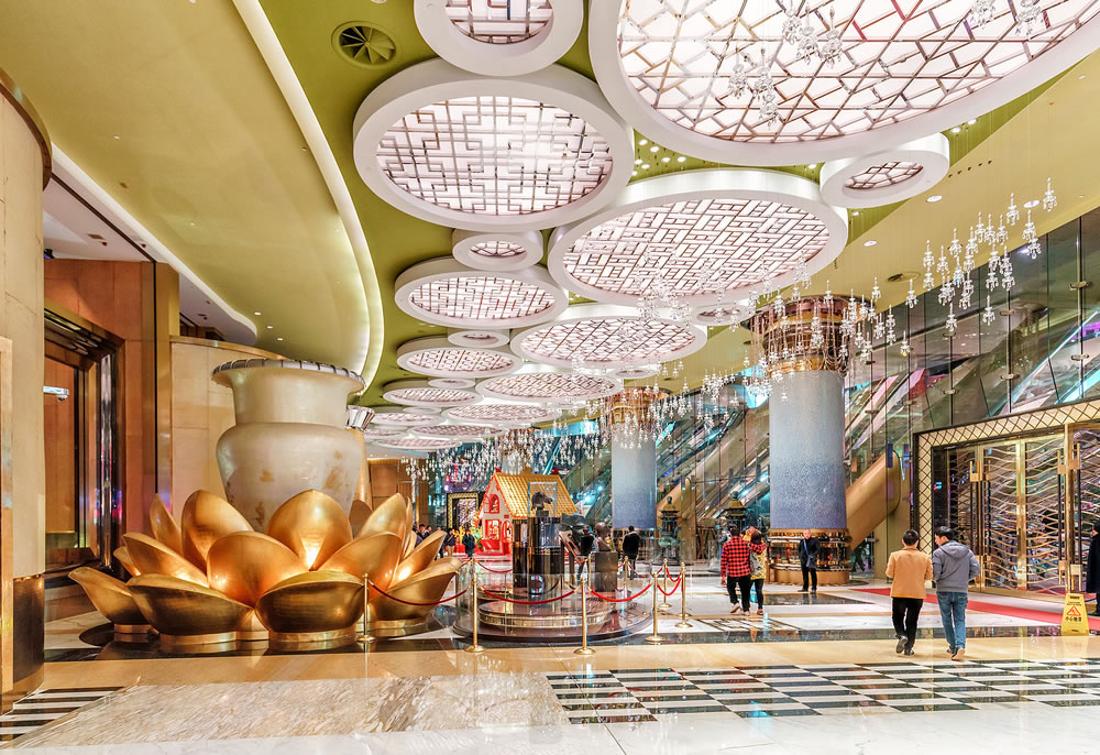 Grand Lisboa Hotel and Casino in Macau. Interior view of the entrance hall at night