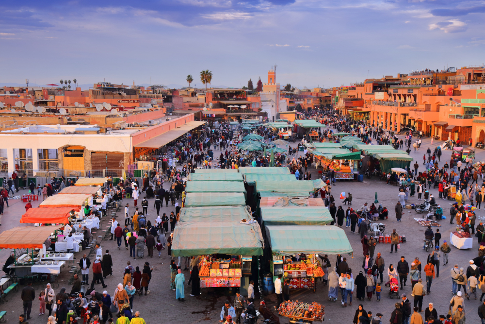 People visit Jemaa el-Fnaa (Djemaa el Fna) square market of Marrakech city