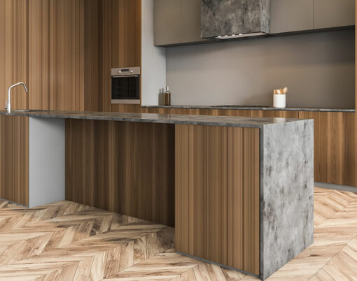 Minimalist wooden kitchen set in new modern apartment, side view, open space kitchen on parquet floor in flat
