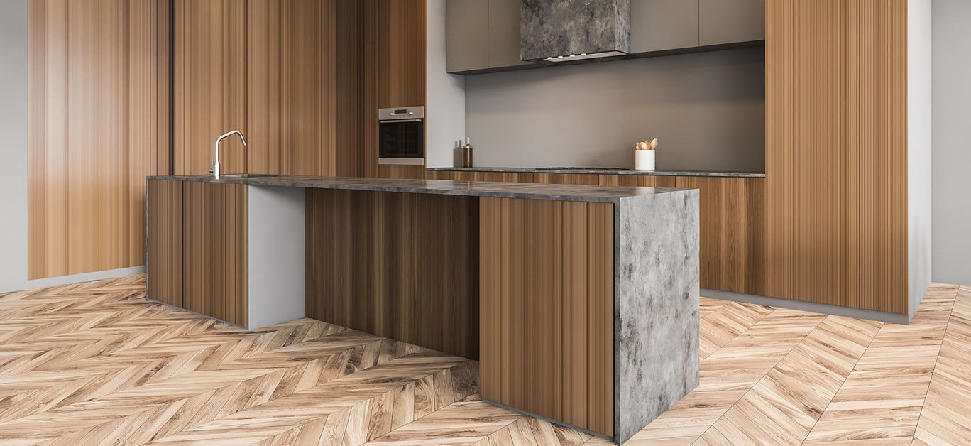 Minimalist wooden kitchen set in new modern apartment, side view, open space kitchen on parquet floor in flat