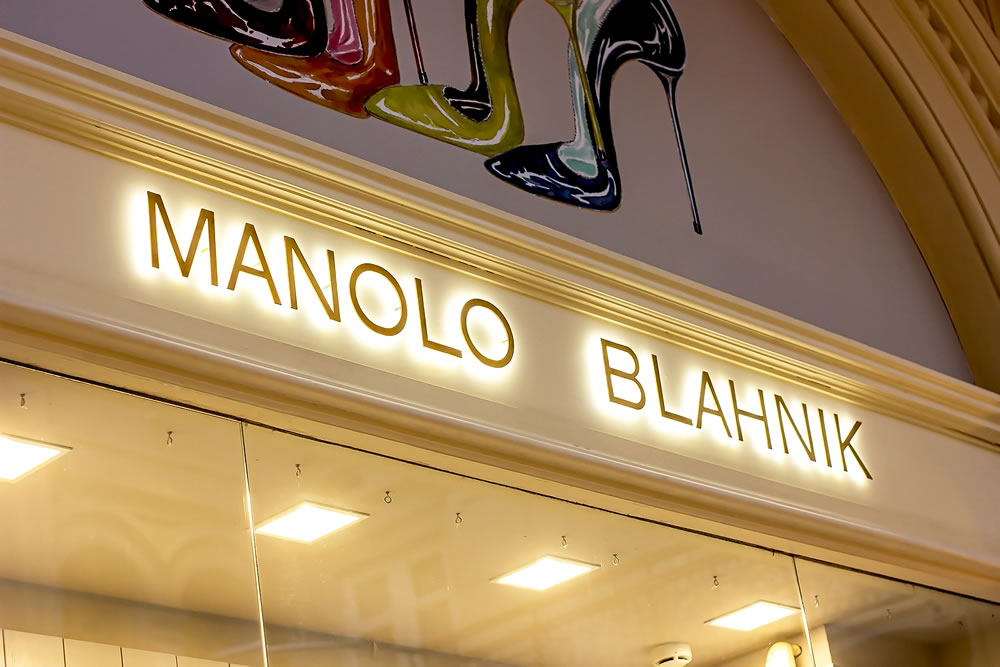Manolo Blahnik brand retail shop logo signboard on the storefront in the shopping mall.