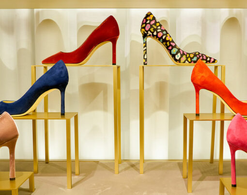 Jimmy Choo shoes on display at a second flagship store of Rinascente in Rome.