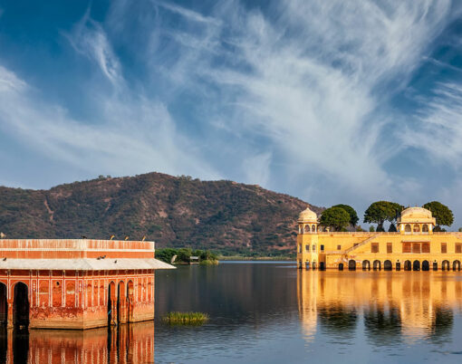 Rajasthan landmark - Jal Mahal (Water Palace) on Man Sagar Lake on sunset. Jaipur, Rajasthan, India