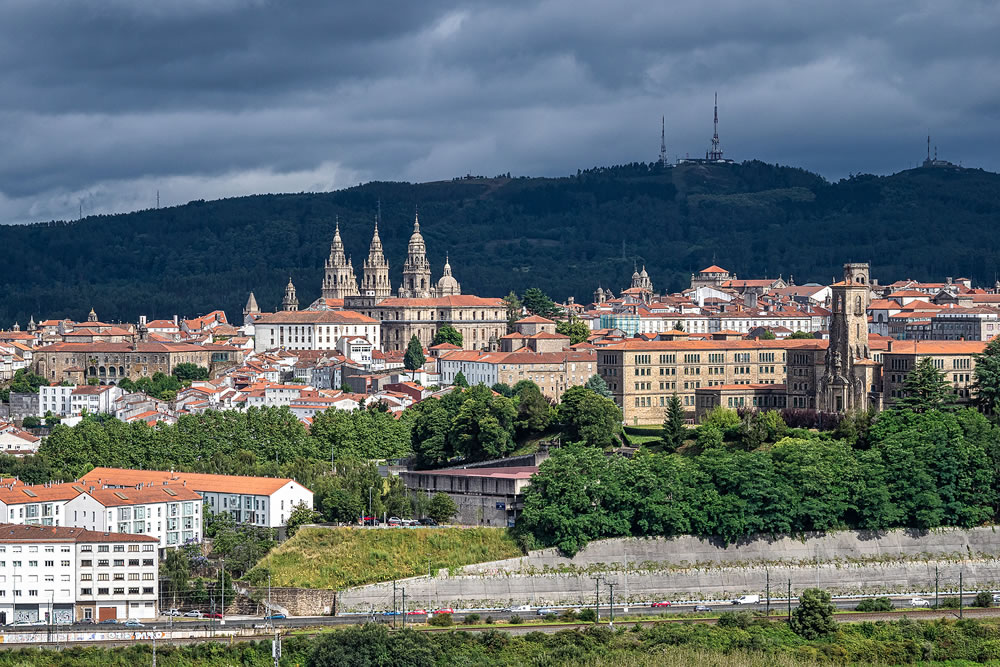 Santiago de Compostela, view of Cathedral and city skyline from a hill on the famous way of St James pilgrimage in the Galician region of Spain