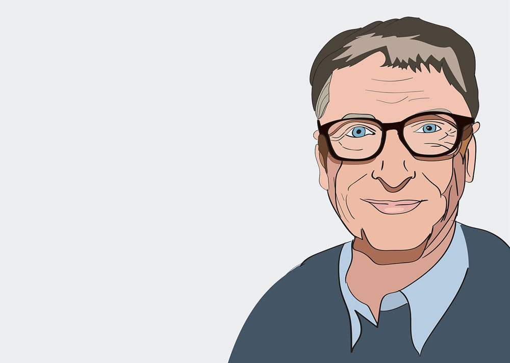 Bill Gates editorial illustration. Vector portrait on a gray background.
